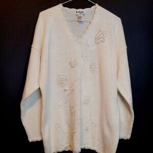 Vintage Sweater Exclusive Imports Cotton Blend Size Large White Beaded Floral